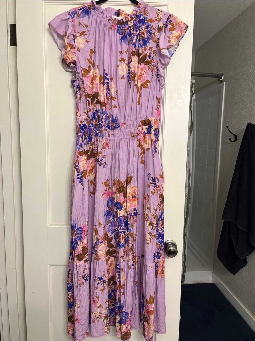 Lilac Floral Midi Dress with Ruffle Cap Sleeves — Women's